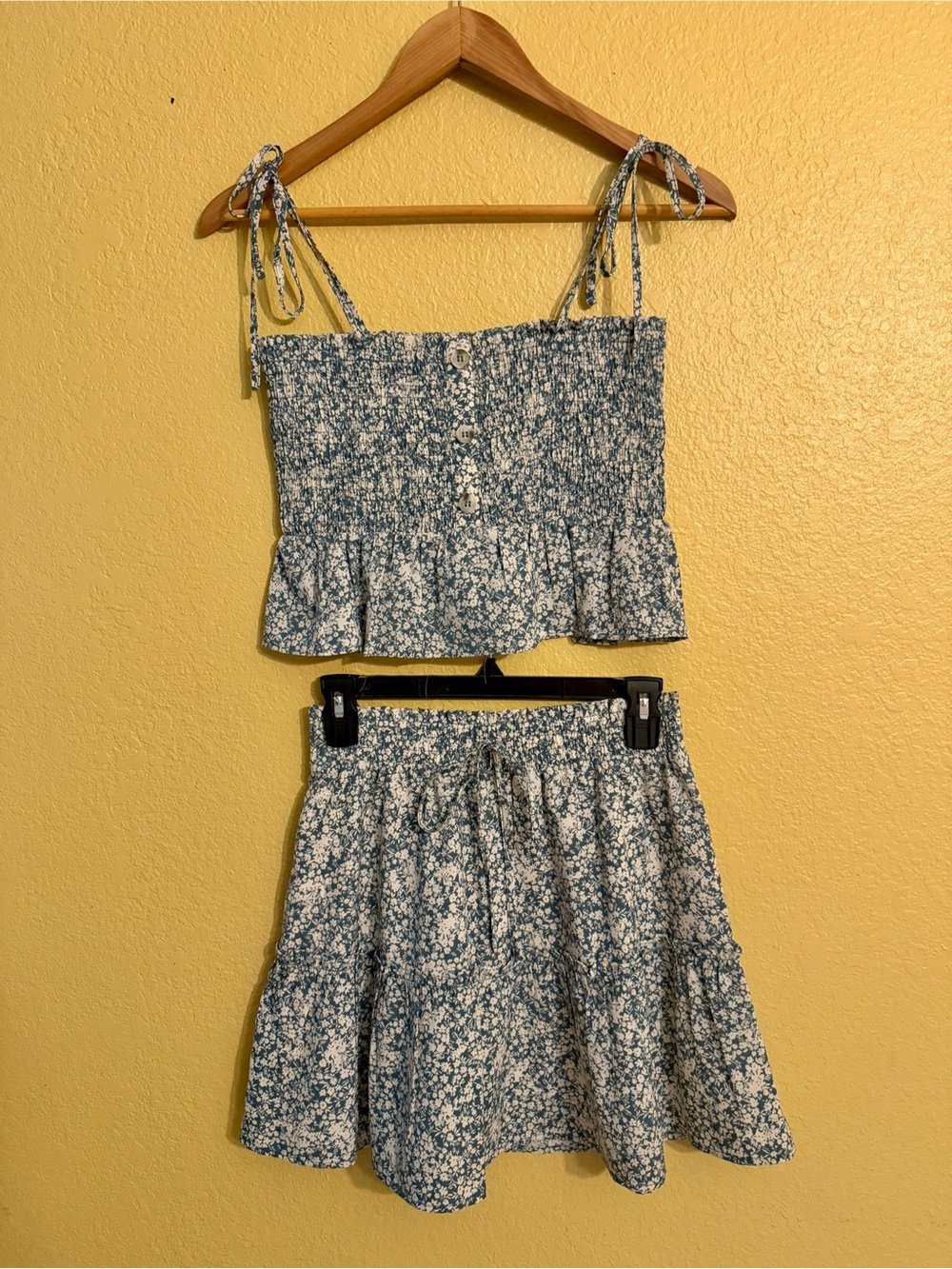 Floral Smocked Tie-Strap Crop Top and Skirt in Teal and Cream
